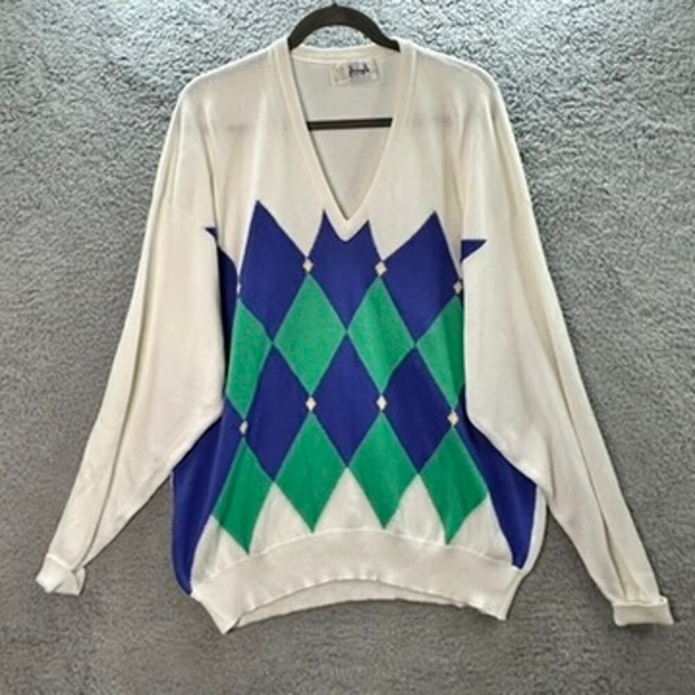 VTG Pringle of Scotland Men's XL 100% Cotton Sweater Argyle‎ Pattern V-Neck Golf